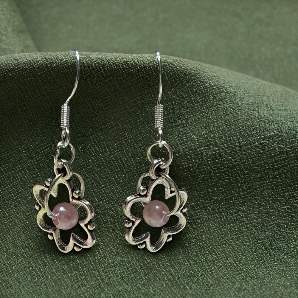 Hand Crafted Silver Flower Drop Earrings with Pink Centers - Picture 4 of 7